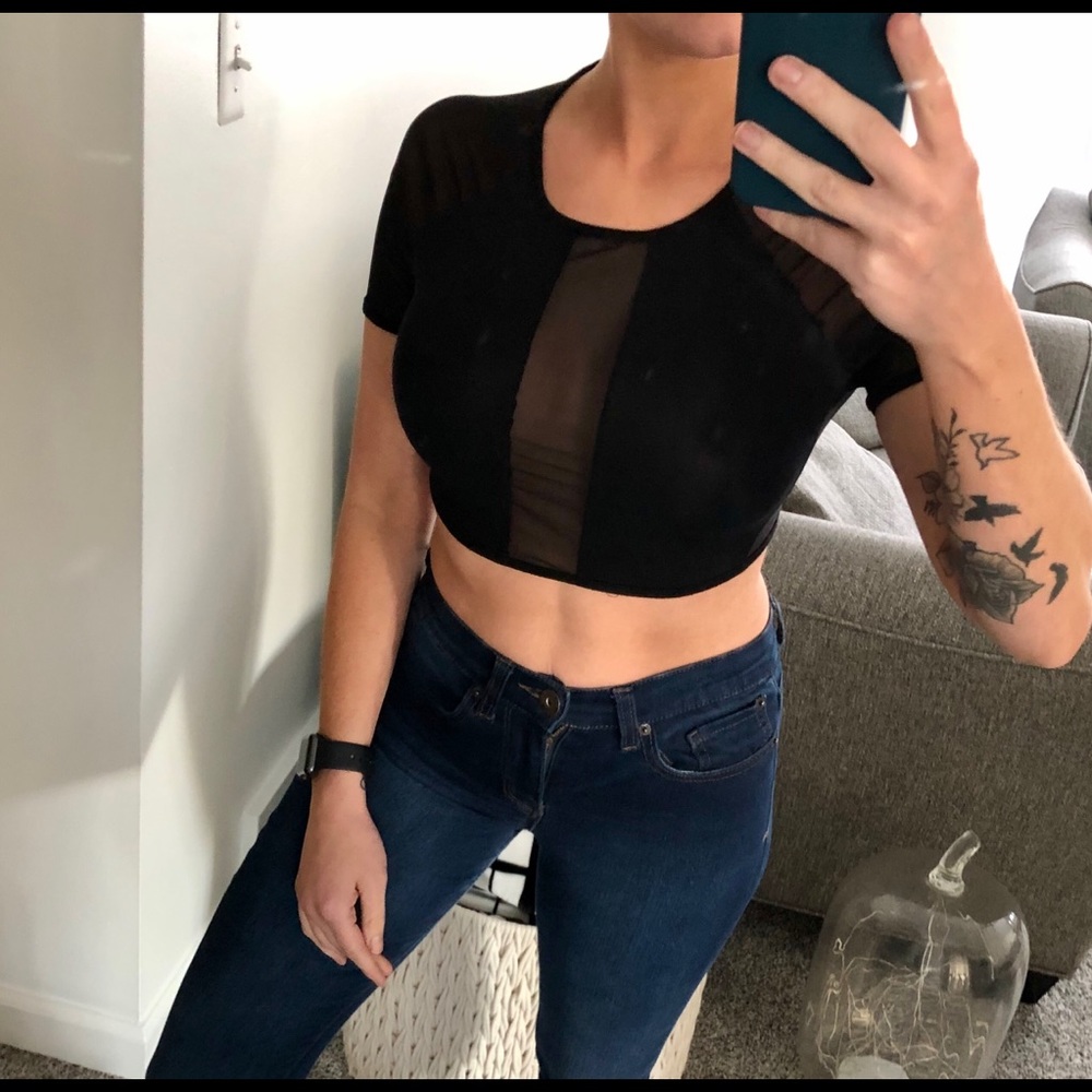 Black crop with mesh peekaboo center